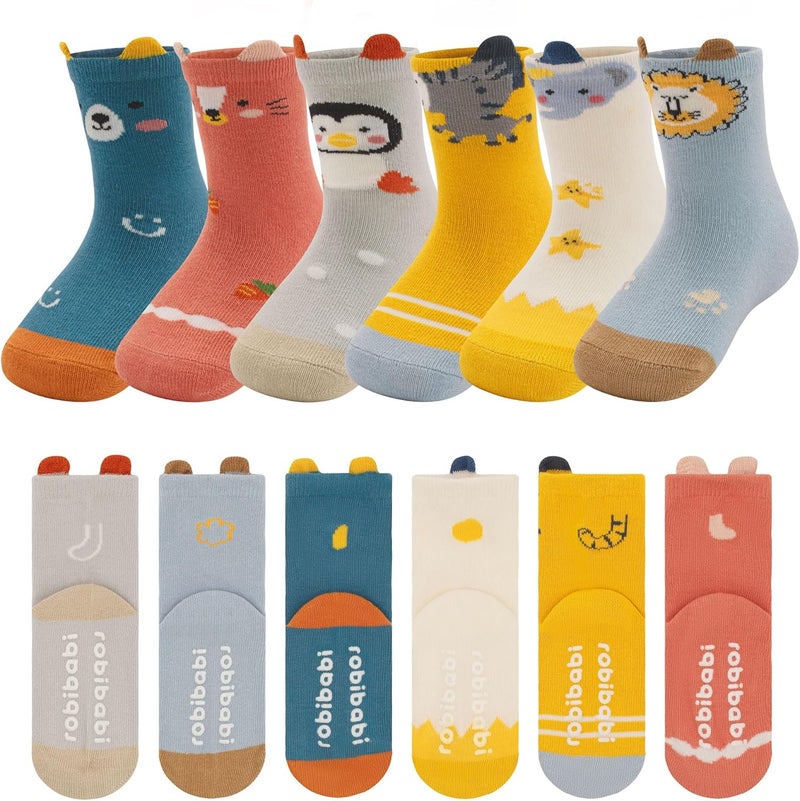 HYCLES Toddler Non Slip Socks, Cartoon Animal Cute Baby Grip Sock for 6-12 Month 1-5 Years Girls Boys 6 Pairs - Image 1